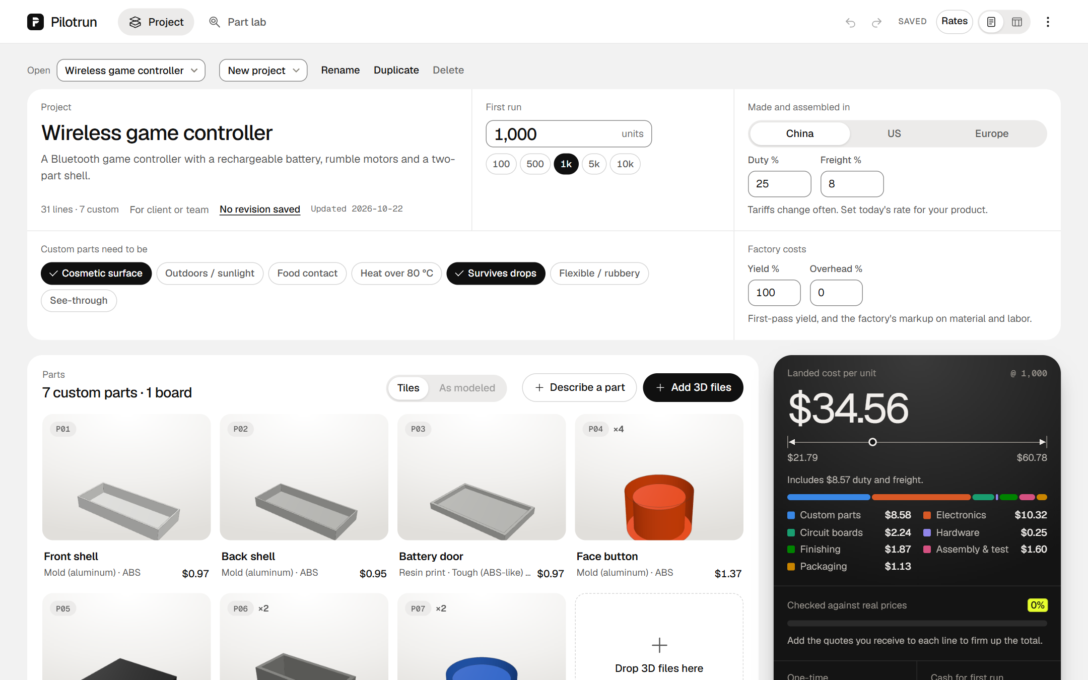 Pilotrun's project view: a game controller's title block with the run size and region, its custom parts as tiles, and the cost summary showing the landed cost per unit.